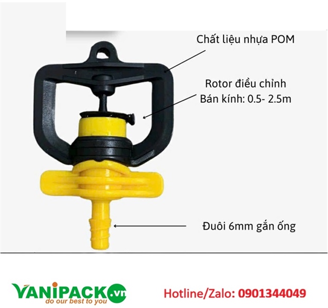 Béc tưới R700 không bù áp đuôi 6ly - 90l/h AT25-AM-R700D6100VANG