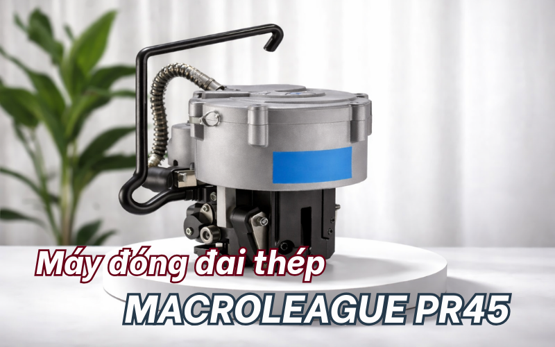 Máy đóng đai thép khí nén PR45 3 chức năng căng siết – bấm khóa – cắt dây, lực siết 80%, dây thép 16–19mm dày 0.8–1.0mm